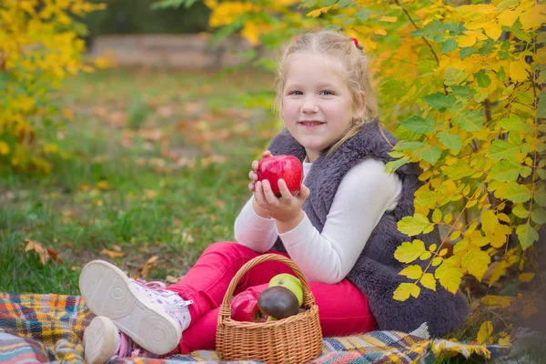 Lächelndes Kind mit Korb voller roter Äpfel — Stockfoto