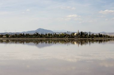 Hala Sultan tekke Kıbrıs'ta su yansımalar ve bulutlu gökyüzü açık peyzaj