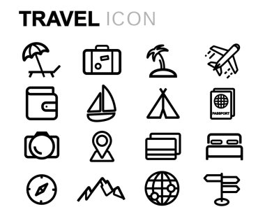 Vektör siyah çizgi seyahat Icons set