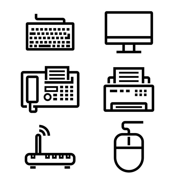 Vector black line office devices icons set — Stock Vector