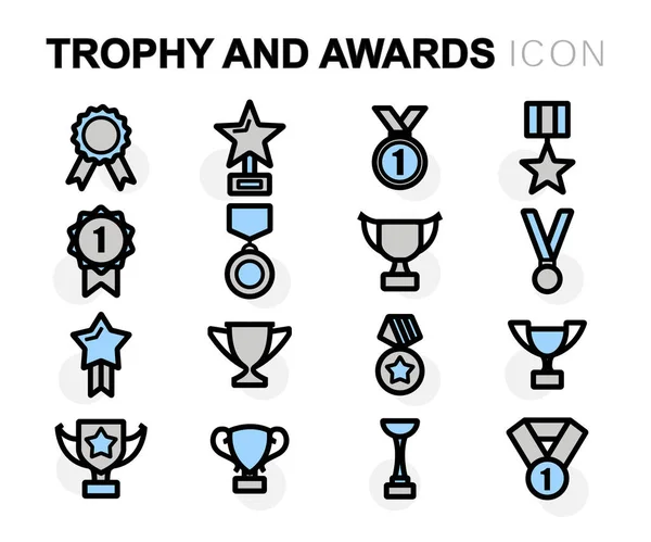 Troféu de linha plana vetorial e conjunto de ícones de prêmios — Vetor de Stock