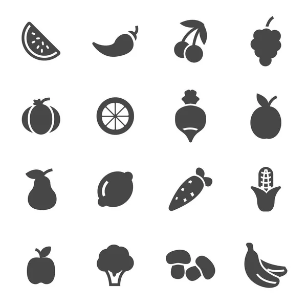 Vektor ikoner set svart frukt och grönsaker — Stock vektor