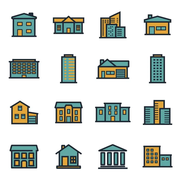 Set di icone di edifici piani vettoriali — Vettoriale Stock