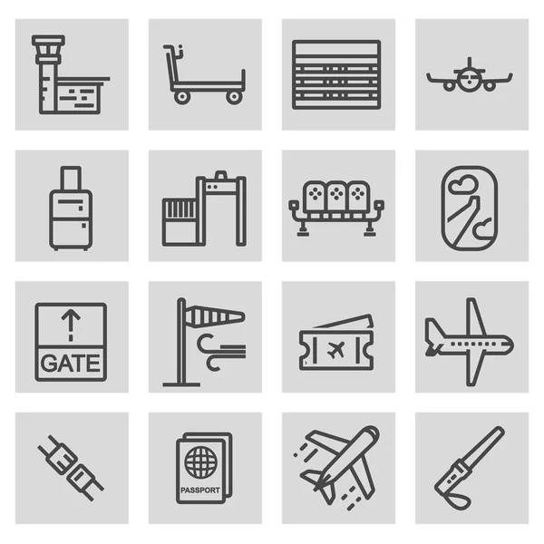 Vector black line airport icons set — Stock Vector