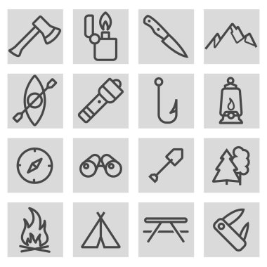 Vektör siyah çizgi kamp Icons set