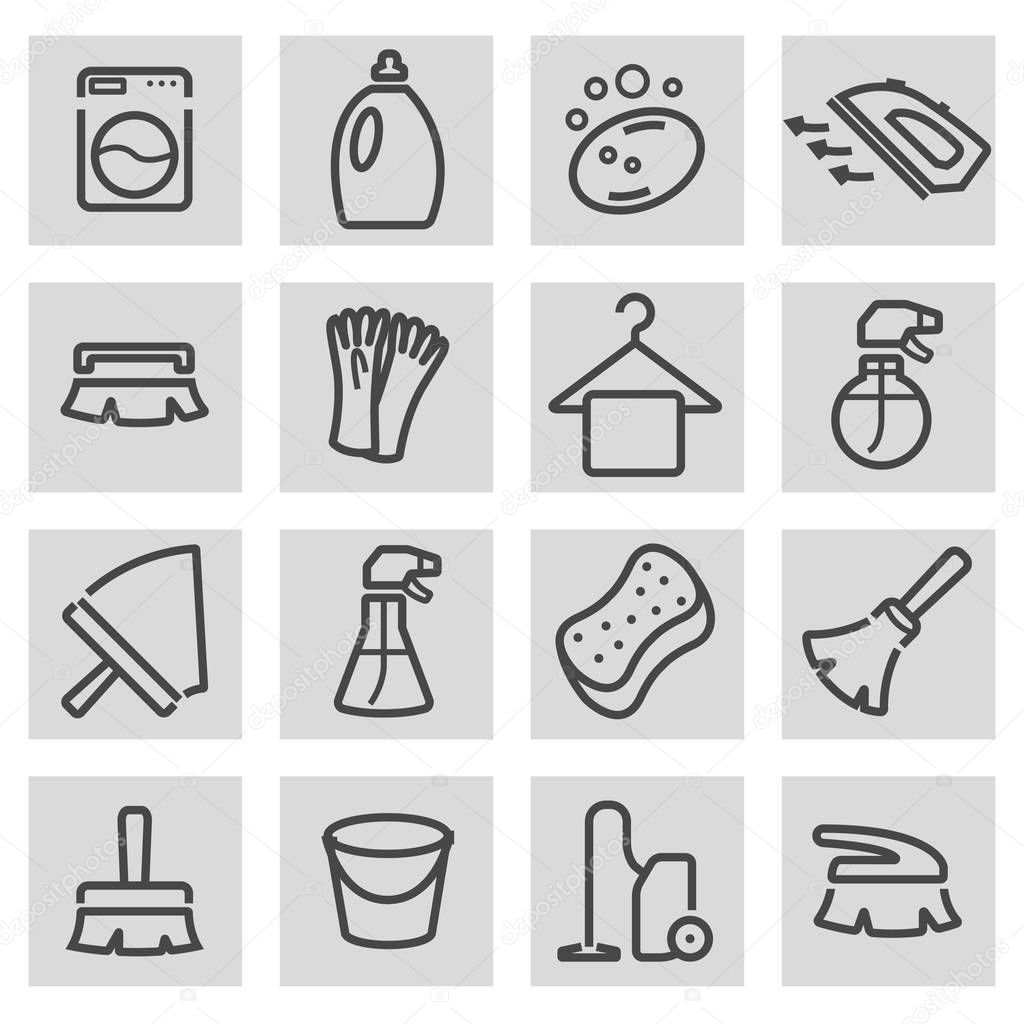 Vector black line cleaning icons set