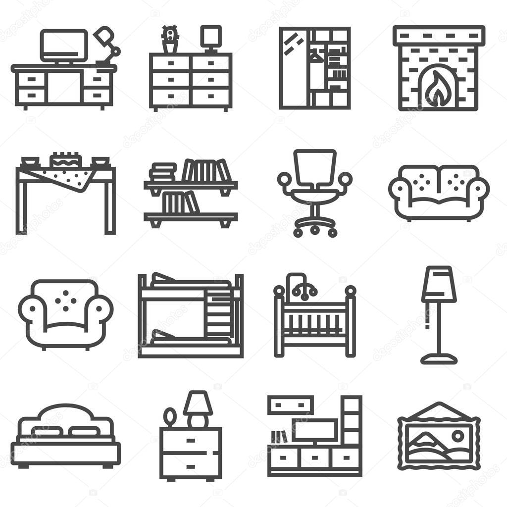 Vector basic furniture icon set in thin line style