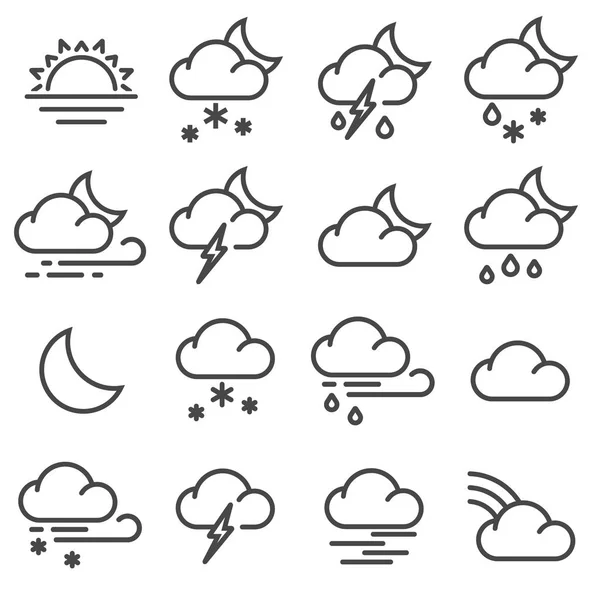 Moderní ikony počasí nastaveny. Čárové vektorové symboly — Stockový vektor