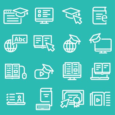 Çizgi Online Eğitim vektör simgeler. Online ders, diploma, iletişim