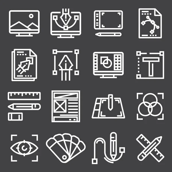 Grafik tasarım, yaratıcı paketi, kırtasiye, yazılım ve daha fazla, ince çizgi Icons set, — Stok Vektör