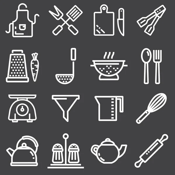 Utensilios de cocina iconos, línea delgada — Vector de stock