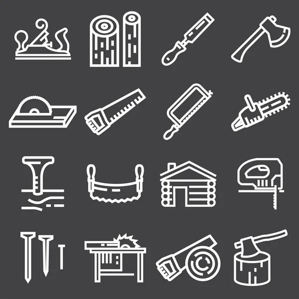 Carpentry wood work tools and equipment white icons set isolated — Stock Vector