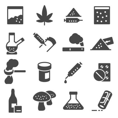 Vektör uyuşturucu bağımlılığı, esrar, şırınga Icons set