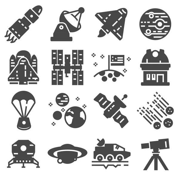 Conjunto de iconos espaciales. Estaciones estelares y naves espaciales símbolos — Archivo Imágenes Vectoriales