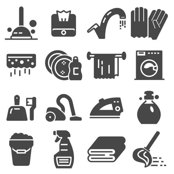 Impresa di pulizia, set icone, servizi per la pulizia e lavanderia in varie camere . — Vettoriale Stock