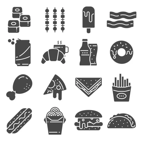 Conjunto de iconos de vectores de comida rápida. Contiene iconos como Pizza, Tacos — Archivo Imágenes Vectoriales