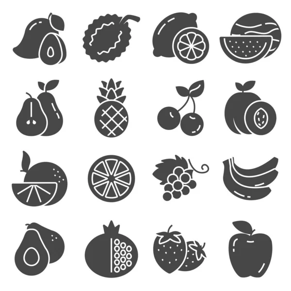 Conjunto de iconos de frutas grises sobre fondo blanco — Vector de stock