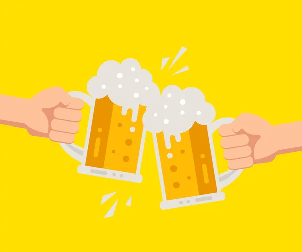 Two hands holding beer glasses with foam. Concept of celebration in pub. Vector illustration in flat design.