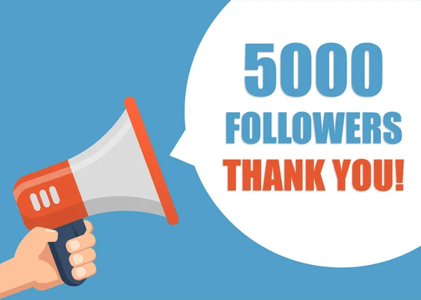 5000 Followers Thank You Male Hand Holding Megaphone Flat Design — 스톡 벡터