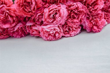 Yatağın üzerinde beyaz bir kumaş üzerinde büyük bir buket pembe gül. Altında yazı için boş yer var.