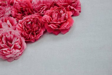  Köşedeki beyaz kumaşlı pembe gül buketinin çerçevesi. Yazmak için boş yeri var.