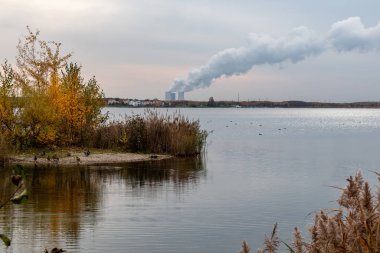 Kospudener Gölü 'nden sonbahar manzarası Eski bir kahverengi kömür açıklığına bakın