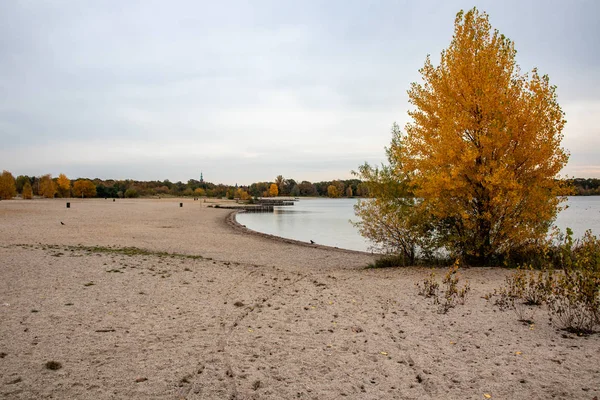 Autumnal view from Lake Cospudener See a former brown cocoal openc — стокове фото
