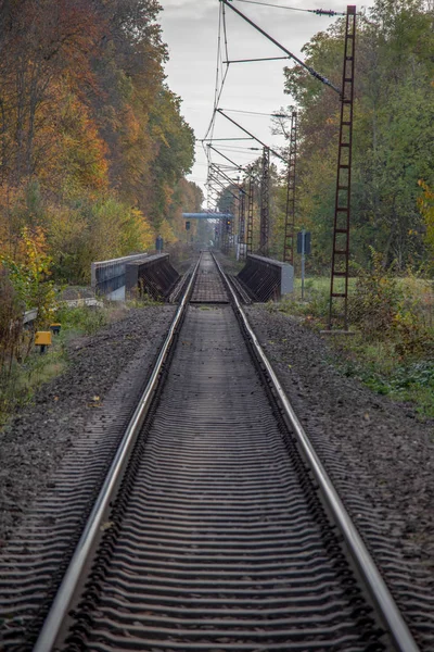 Deutschland, herbstliche Ansicht einer eingleisigen elektrifizierten Eisenbahnstrecke — Stockfoto