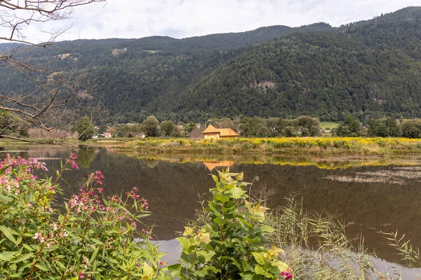 View from the Europe protected area of the Bleisttter Moor at the Triebelmuend in the Ossiacher See Austrian Alps, Europe