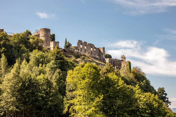 Vista Uma Antiga Ruína Castelo Frente Uma Floresta Fundo Montanha — Fotografia de Stock