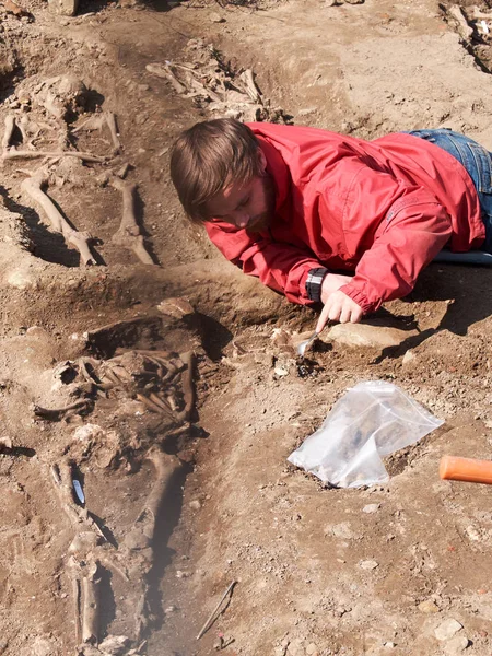 Arkeolog dikkatle insan kemikleri digs — Stok fotoğraf