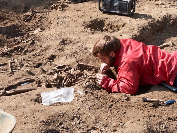 Archäologe gräbt menschliche Knochen sorgfältig aus — Stockfoto