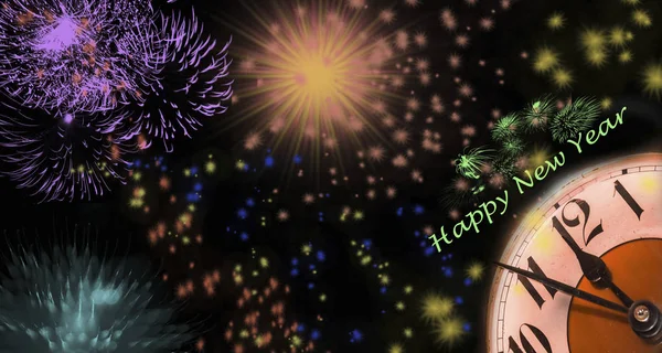 Fireworks on New Year's Eve with clock and greetings in front of — Stock Photo, Image