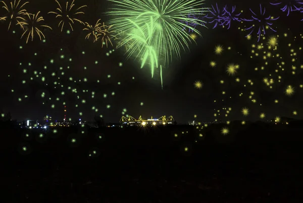 Fuegos artificiales en la víspera de Año Nuevo sobre el parque Signal Iduna en Dortmu — Foto de Stock