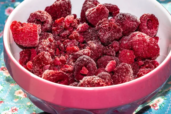 Delicious Frozen Raspberries Extreme Close Red Bowl — Stock Photo, Image