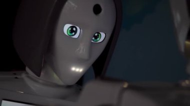 Robot duygularını gösteriyor. Yapay Zeka. Modern robotik. Robot insanlara bakıp gülümsüyor. Robotun gözleri. Sayborg. Robot kameraya bir insana bakıyor. Akıllı bilgisayar. Geleceğe. Çocuklar için harika bir oyuncak..