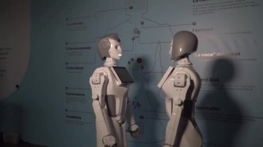Robot duygularını gösteriyor. Yapay Zeka. Modern robotik. Robot insanlara bakıp gülümsüyor. Robotun gözleri. Sayborg. Robot kameraya bir insana bakıyor. Akıllı bilgisayar. Geleceğe. Çocuklar için harika bir oyuncak..