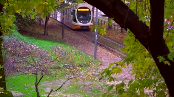 Milan Italy March 2020 Old Yellow Tram Traffic Autumn Morning — Stock Video