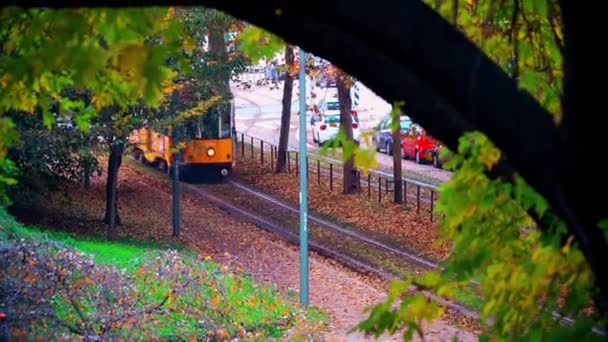Милан Италия Марта 2020 Старое Желтое Трамвайное Движение Осеннее Утро — стоковое видео