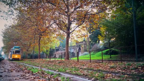 Mailand Italien Der Alte Gelbe Straßenbahnverkehr Herbstmorgen Der Stadt Der — Stockvideo