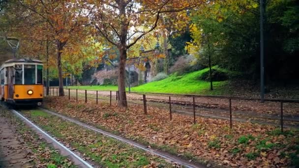 ミラノ イタリア2020年3月11日 古い黄色のトラムの交通 イタリアのファッションの街で秋の朝 市内の秋の木 特徴的な路面電車と木が並ぶ街の路地 公共交通機関 — ストック動画