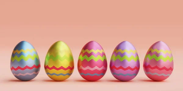 Ovos Coloridos Páscoa Estão Uma Fileira Fundo Liso Ilustração — Fotografia de Stock