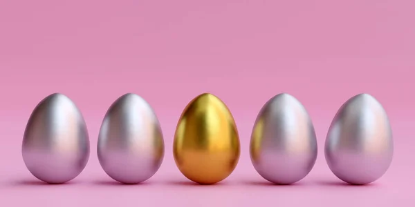 Huevos Pascua Metal Pie Una Fila Sobre Fondo Liso Huevo — Foto de Stock
