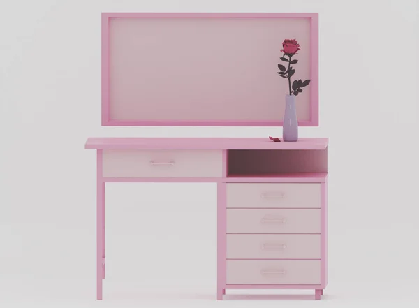 Uma Rosa Vaso Uma Mesa Uma Moldura Uma Placa Pendura — Fotografia de Stock