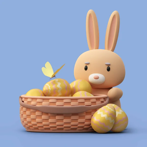 Velikonoční Roztomilý Králíček Sedí Košíkem Barevných Vajec Ilustrace — Stock fotografie
