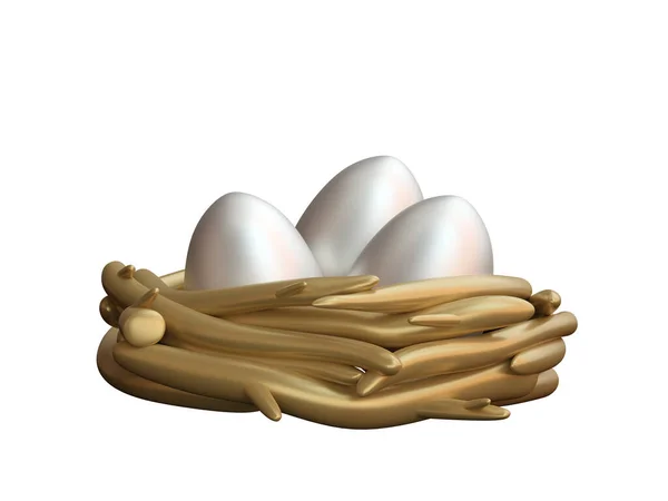 Срібні Яйця Золотому Гнізді Білому Тлі Ілюстрація — стокове фото