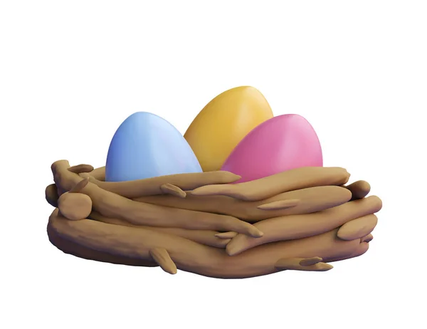 Barevné Malované Velikonoční Vajíčka Hnízdě Bílém Pozadí Ilustrace — Stock fotografie