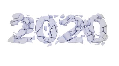 2020 'de beyaz arka planda kırılmış. 2020 sayısı yok edildi - 2020 yılının eski yılını ya da 2020 yılının bunalımını temsil ediyor - piyasa düşüşü ve salgını. 3d illüstrasyon