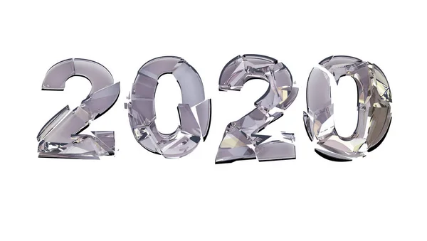 2020 'de beyaz arka planda kırılmış. 2020 sayısı yok edildi - 2020 yılının eski yılını ya da 2020 yılının bunalımını temsil ediyor - piyasa düşüşü ve salgını. 3d illüstrasyon