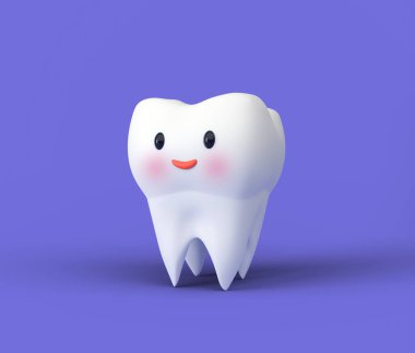 Gülümseyen sevimli bir diş. Temiz diş konsepti. Diş fırçalamak. Dişçi çocukların umurunda. 3d illüstrasyon